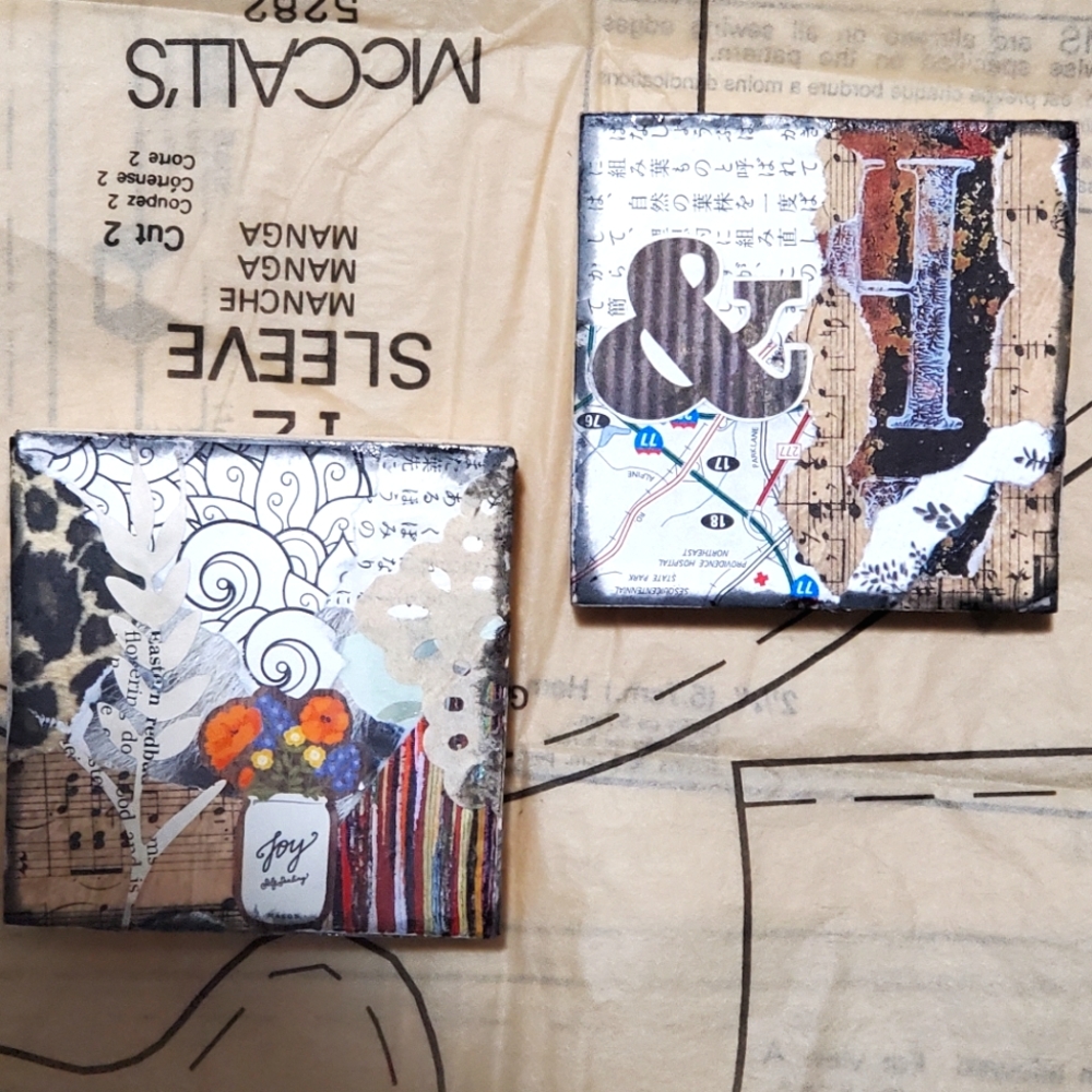 😀 HAND CRAFTED Two 3x3 mini collage art mixed media